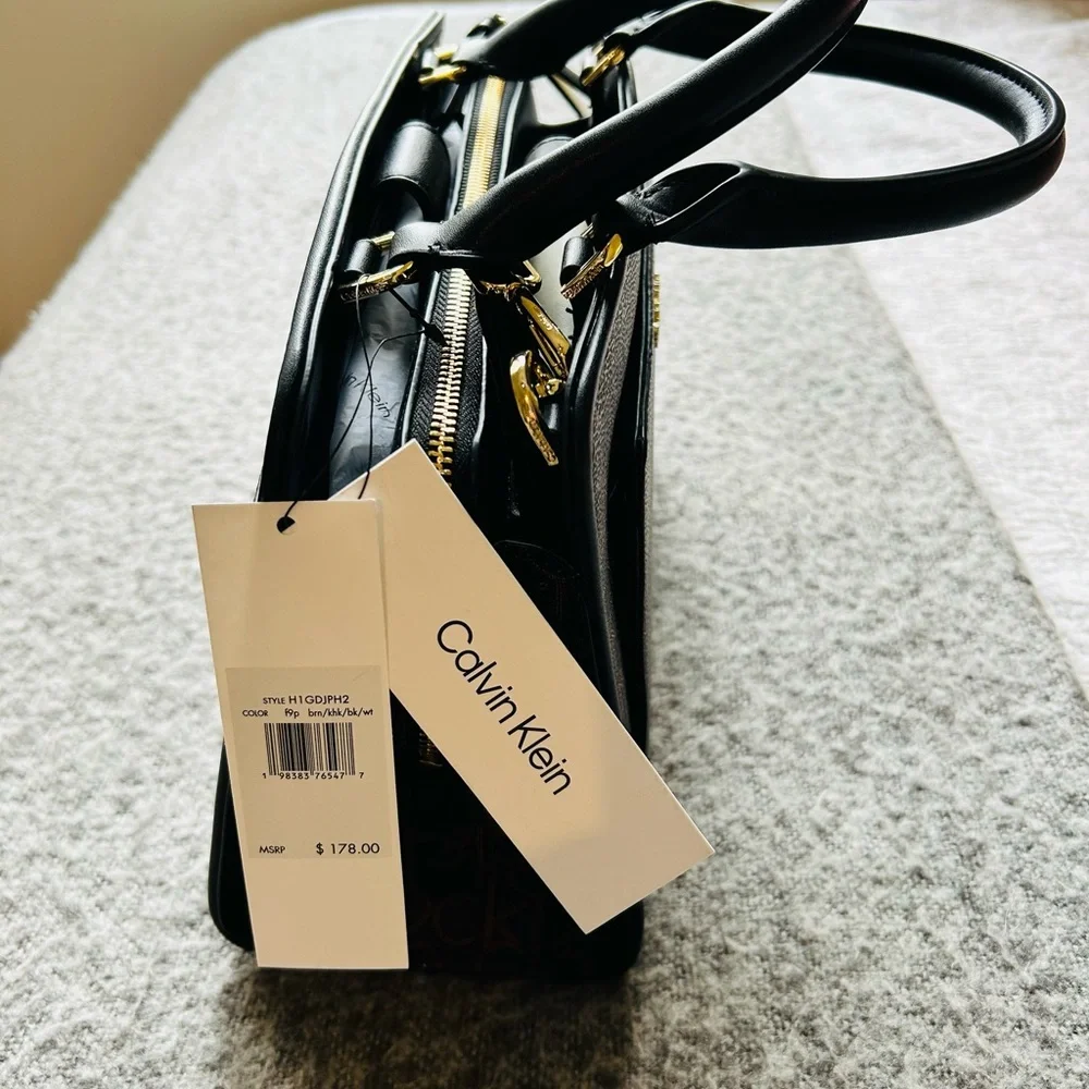 NWT Calvin Klein Black and Brown Margo Logo Satchel with Gold Accents - Picture 3 of 4